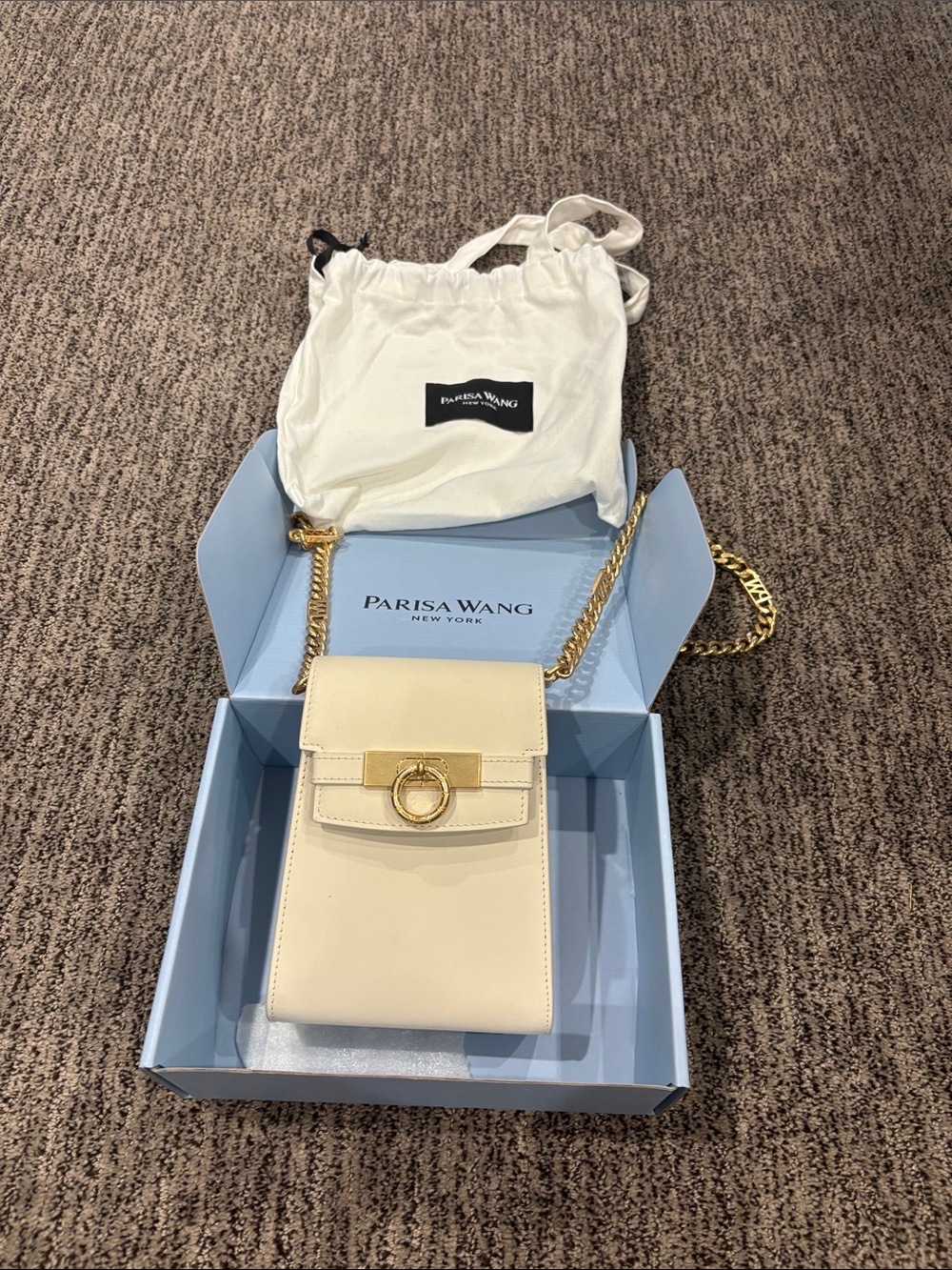 Parissa Wang Cream Leather Crossbody Phone Bag with Gold Chain brand new